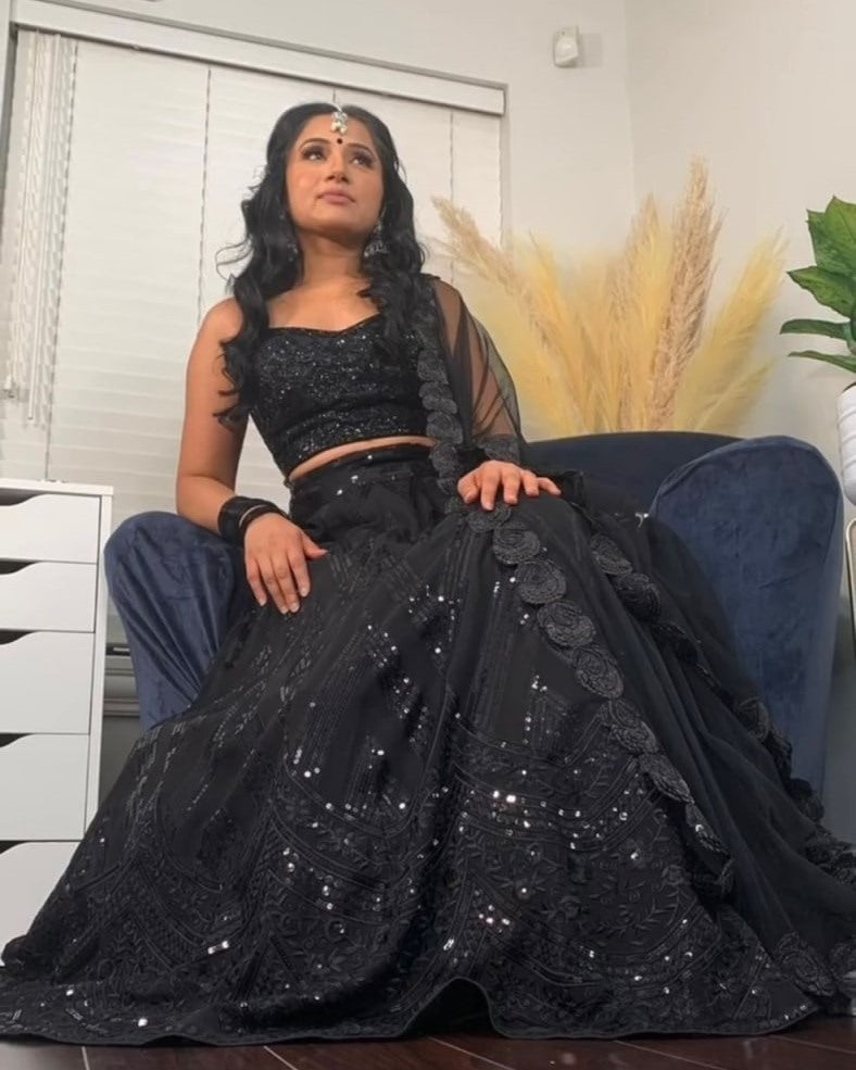 Black georgette heavy thread sequence embroidered lehenga choli for evening function