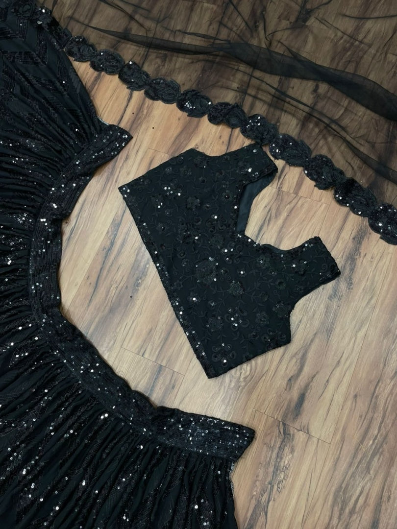 Black georgette heavy thread sequence embroidered lehenga choli for evening function