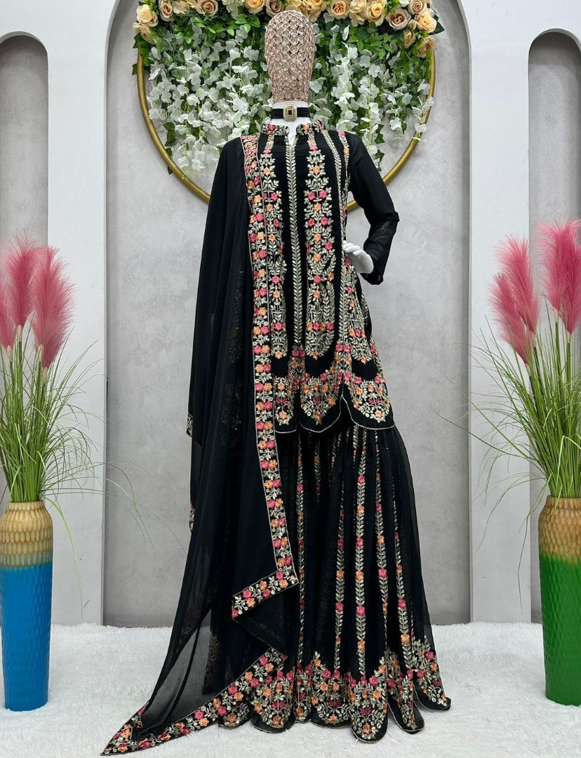 Black georgette heavy thread sequence work designer sharara suit