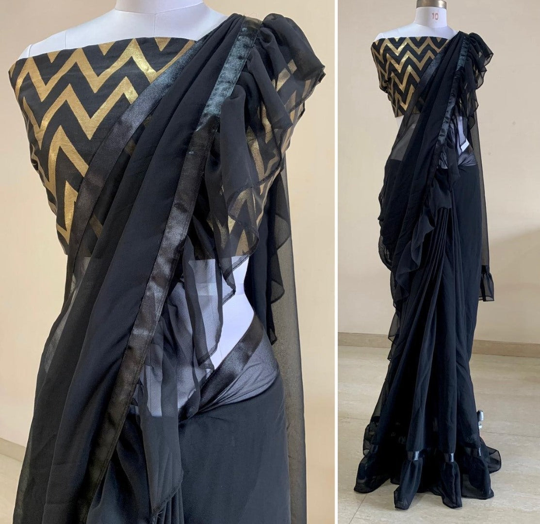 Black georgette jhalar work saree with jacquard blouse