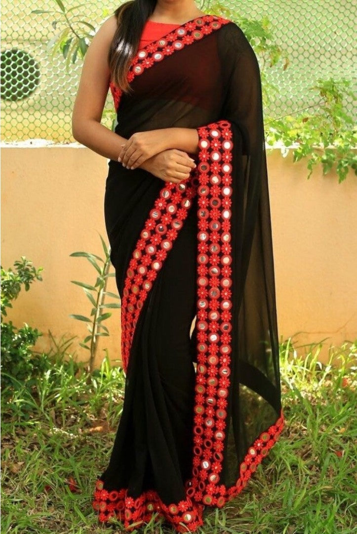 black georgette mirror work partywear saree