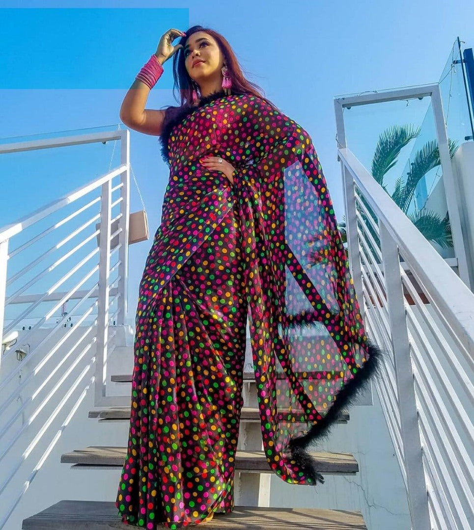 Black georgette multi color dot printed saree