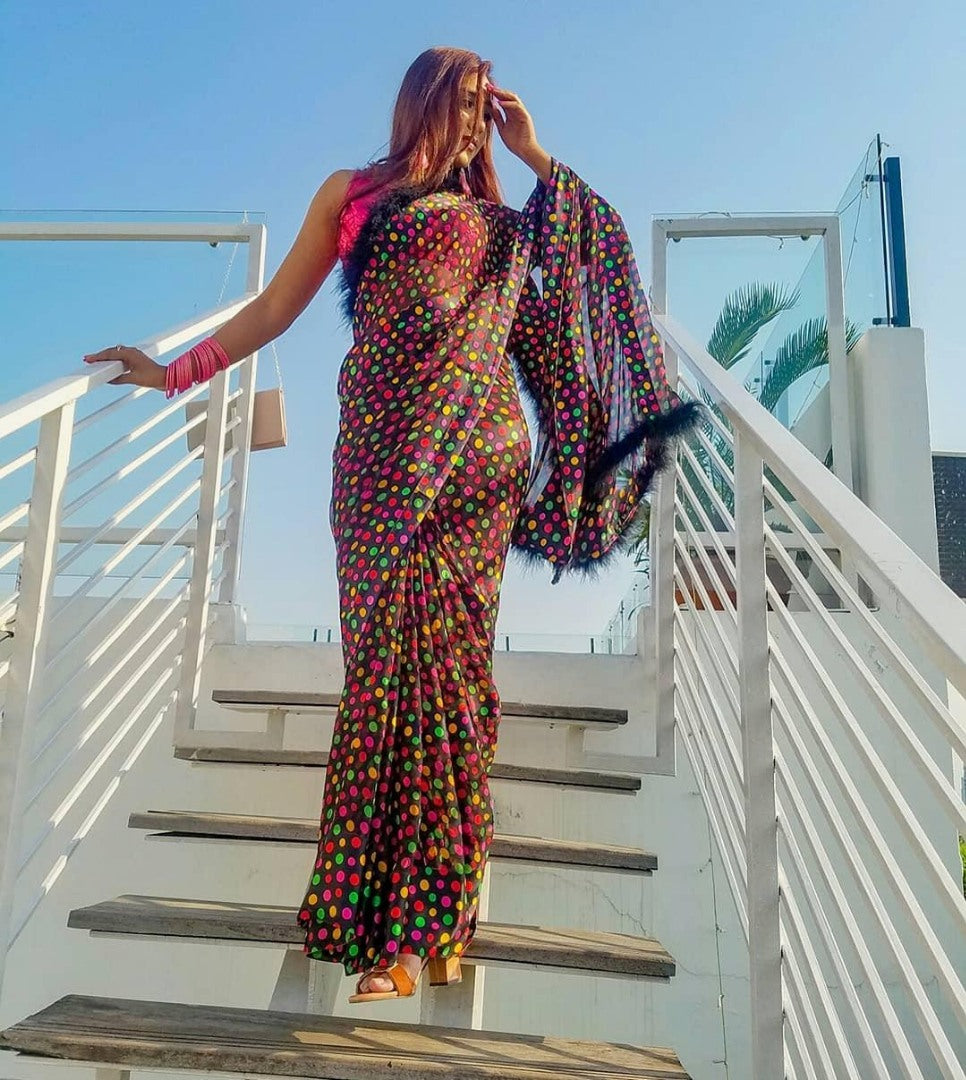 Black georgette multi color dot printed saree