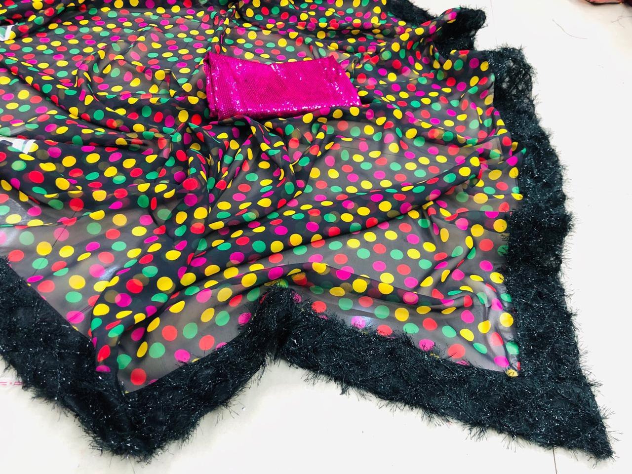 Black georgette multi color dot printed saree