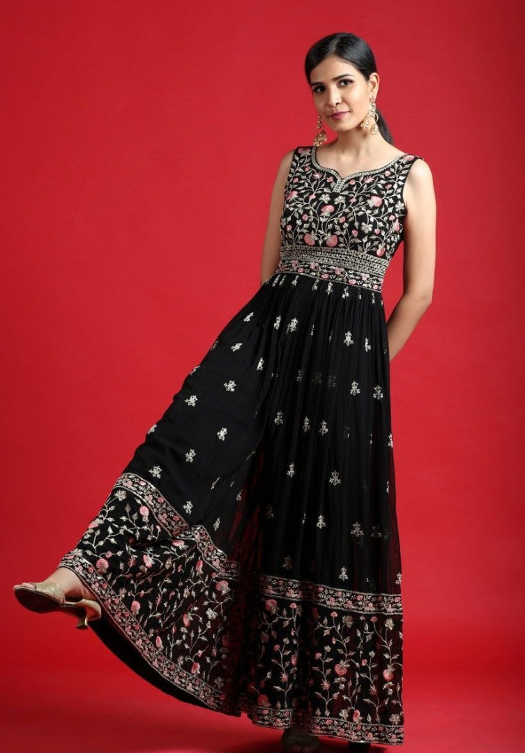 Black georgette multi thread work ehtnic jumpsuit