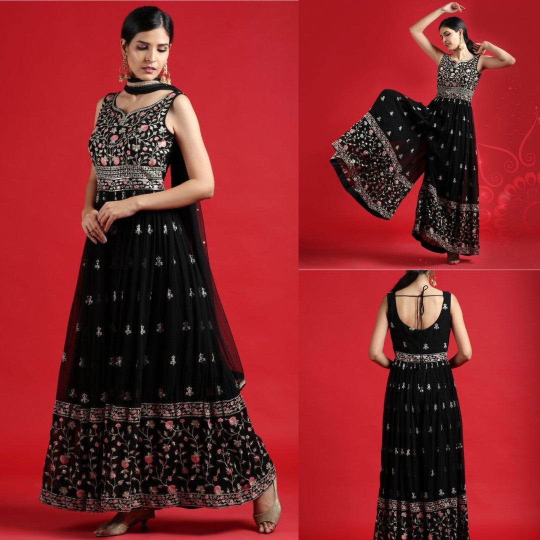 Black georgette multi thread work ehtnic jumpsuit