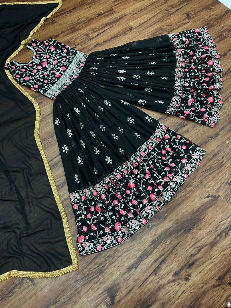 Black georgette multi thread work ehtnic jumpsuit