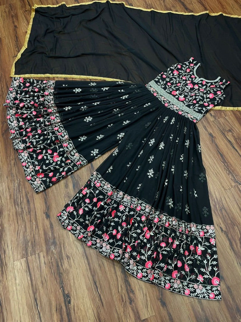 Black georgette multi thread work ehtnic jumpsuit