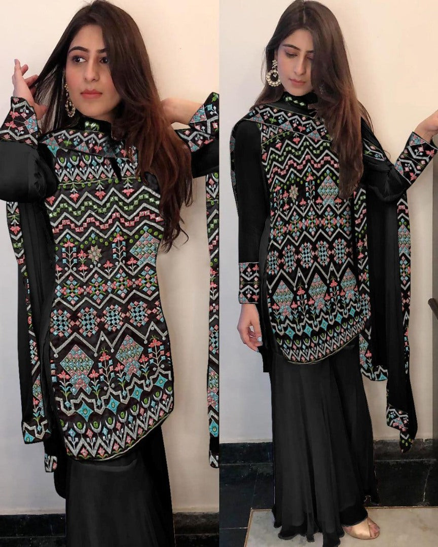 Black georgette multi threadwork plazzo suit