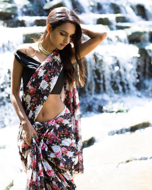 Black georgette multicolor floral printed moti lace saree