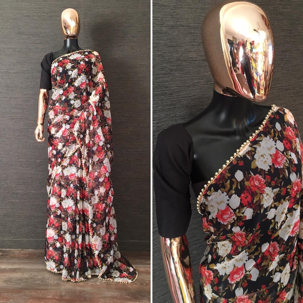 Black georgette multicolor floral printed moti lace saree