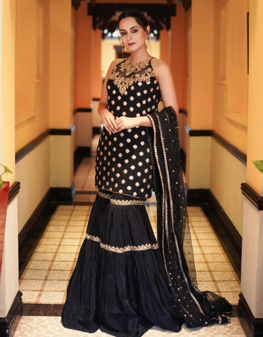 Black georgette party wear sharara suit