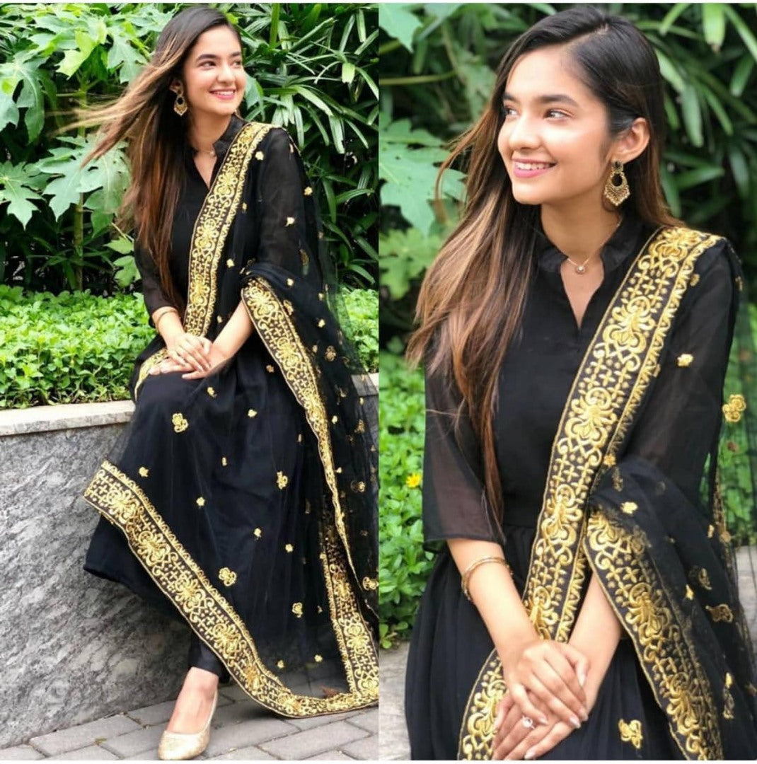 Black georgette partywear anarkali suit with embroidered dupatta