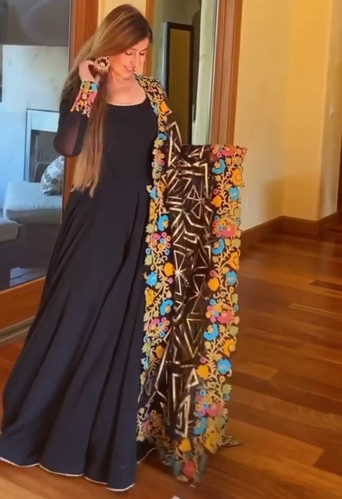 Black georgette partywear anarkali suit with heavy embroidered dupatta