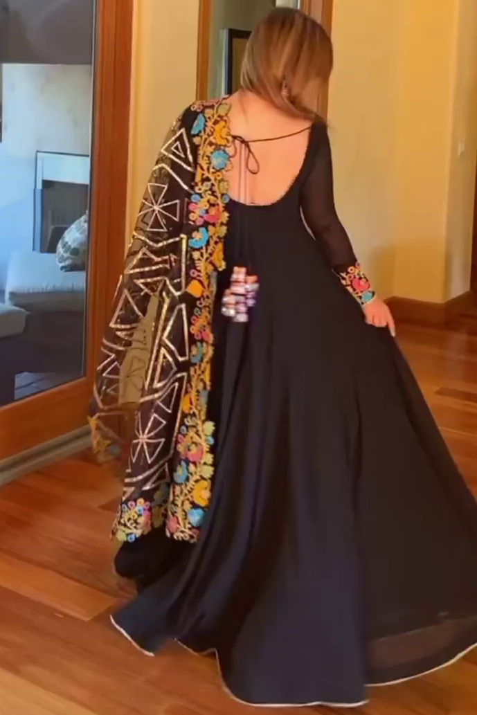Black georgette partywear anarkali suit with heavy embroidered dupatta
