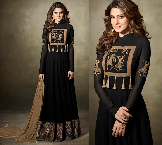 Black georgette partywear designer embroidered gown