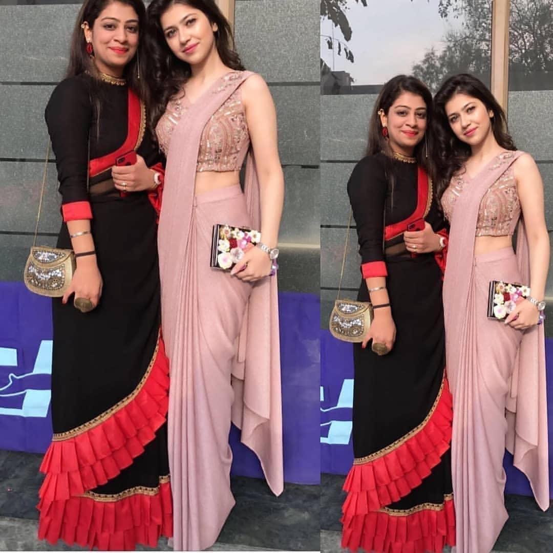 Black georgette partywear red ruffle saree