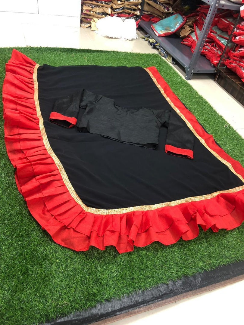 Black georgette partywear red ruffle saree