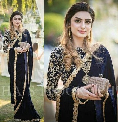 Black georgette partywear saree with heavy embroidered blouse