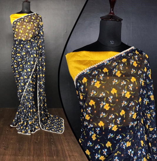 Black georgette pearl lace border floral printed work saree