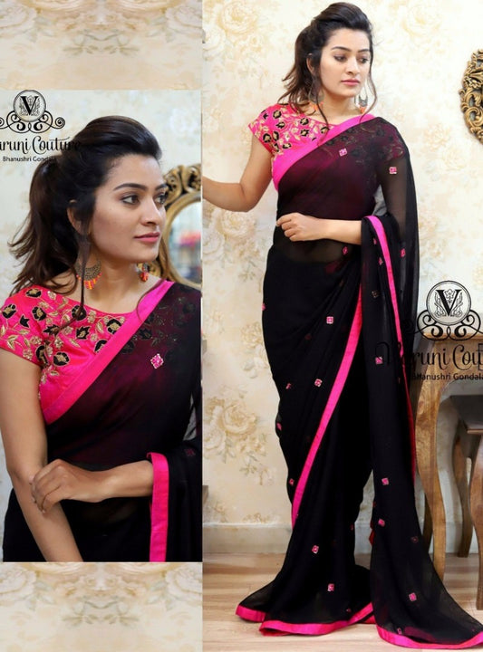 Black georgette pink border embroidered partywear saree