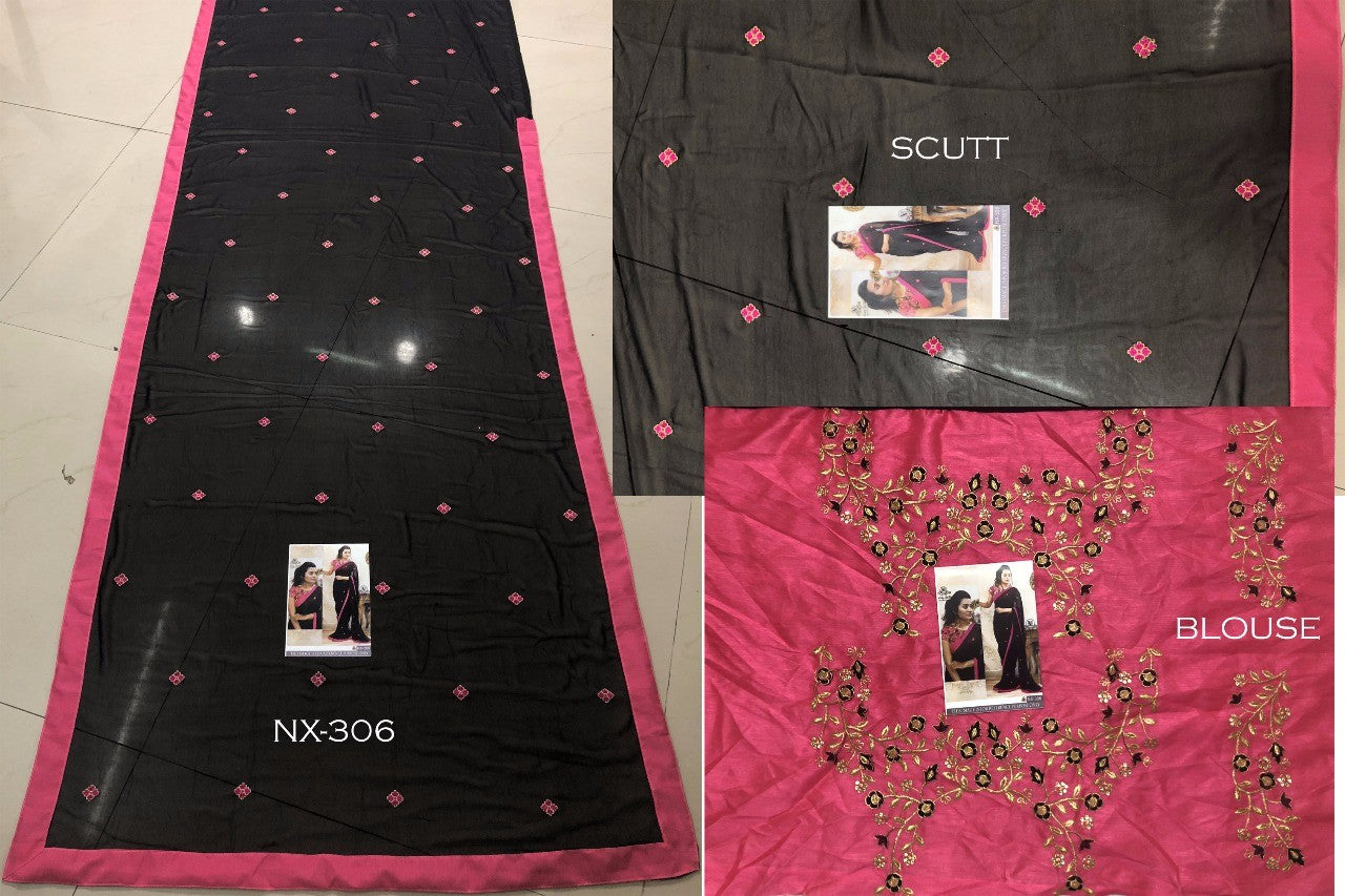 Black georgette pink border embroidered partywear saree