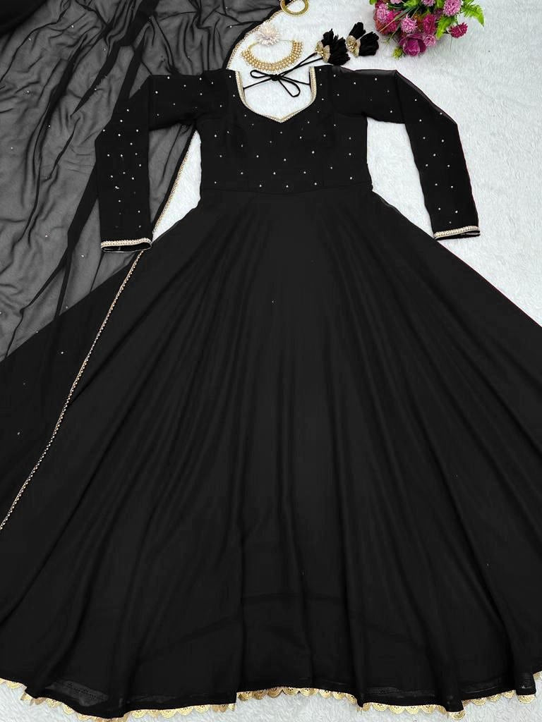 Black georgette plain heavy flair party wear gown