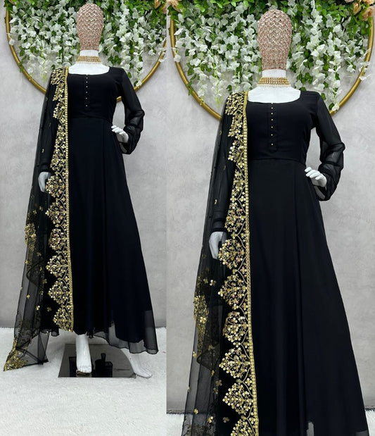 Black georgette plain heavy umbrella flair gown