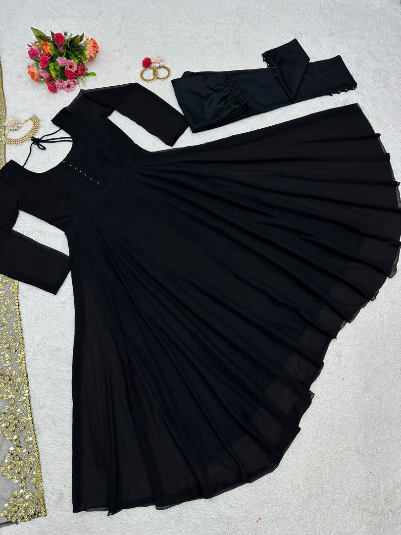 Black georgette plain heavy umbrella flair gown
