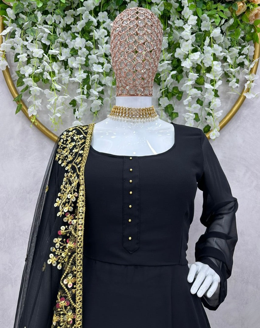 Black georgette plain heavy umbrella flair gown