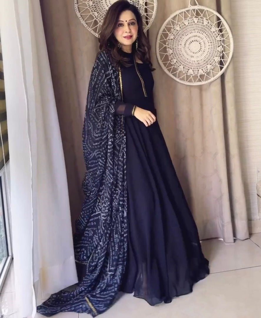 Black georgette plain party wear gown with printed dupatta