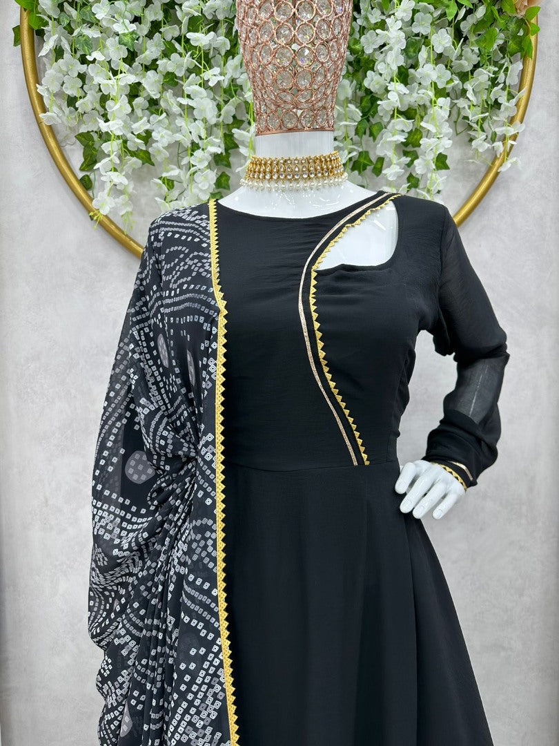 Black georgette plain party wear gown with printed dupatta