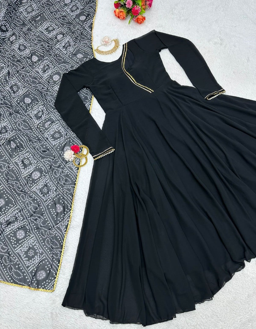 Black georgette plain party wear gown with printed dupatta