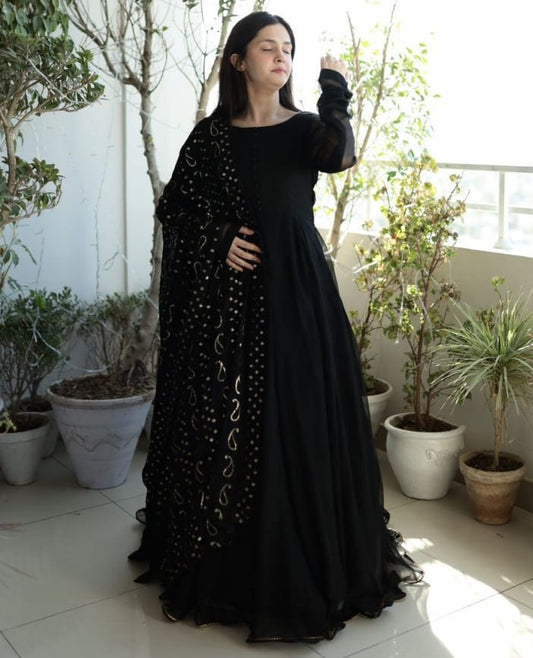 Black georgette plain party wear long anarkali suit