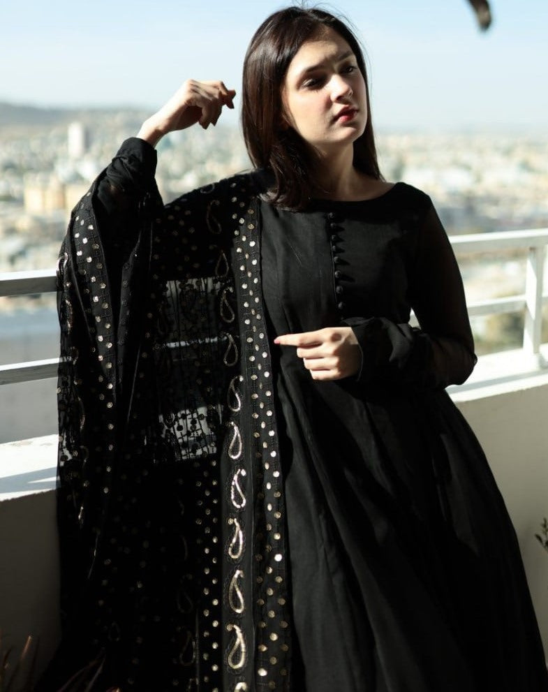 Black georgette plain party wear long anarkali suit