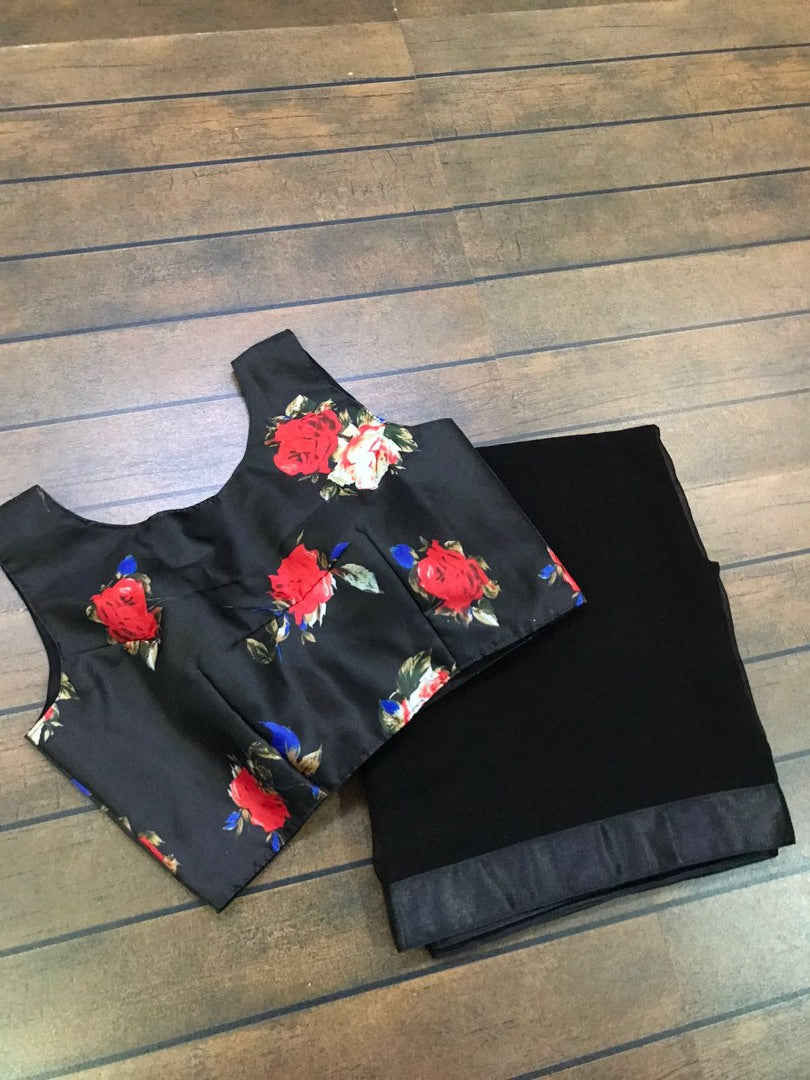 Black georgette plain partywear saree with printed blouse