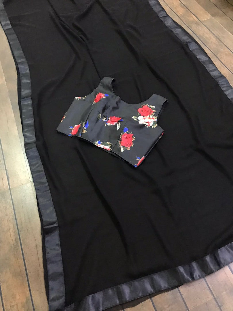 Black georgette plain partywear saree with printed blouse