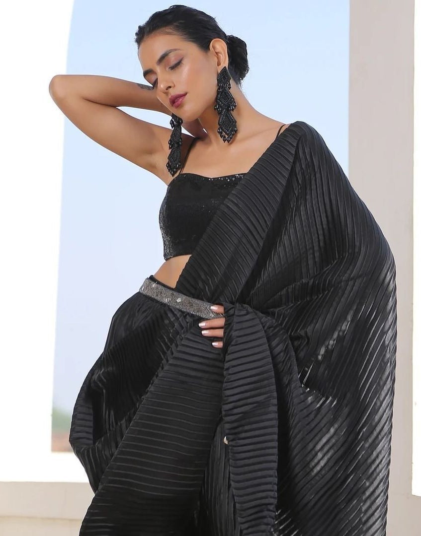 Black georgette pleated partywear saree