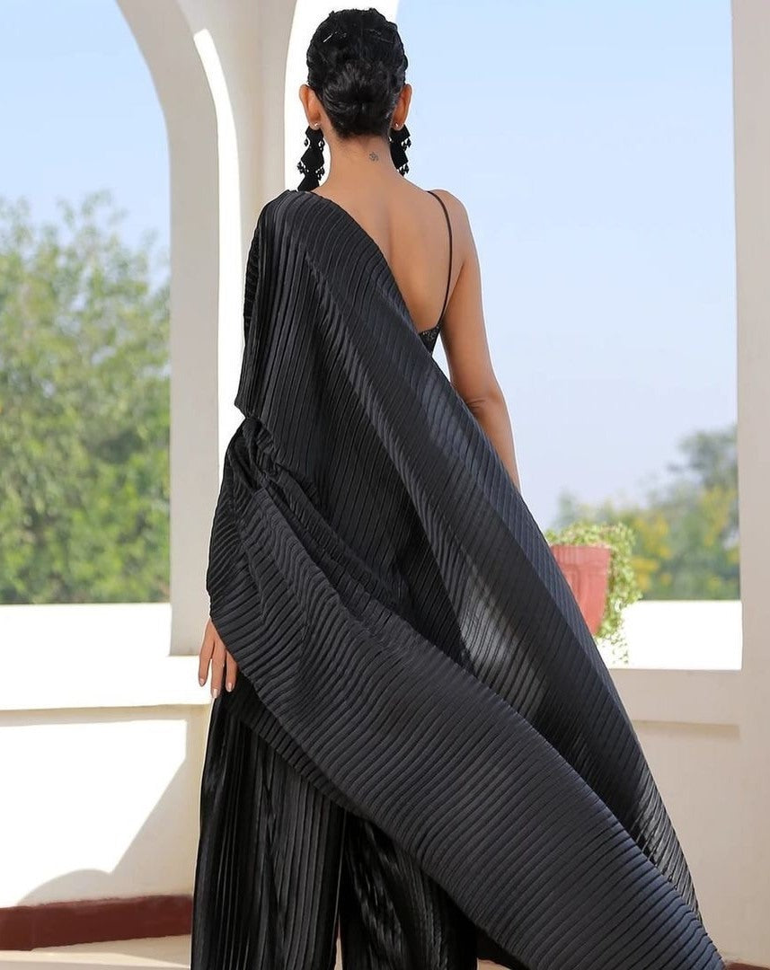 Black georgette pleated partywear saree