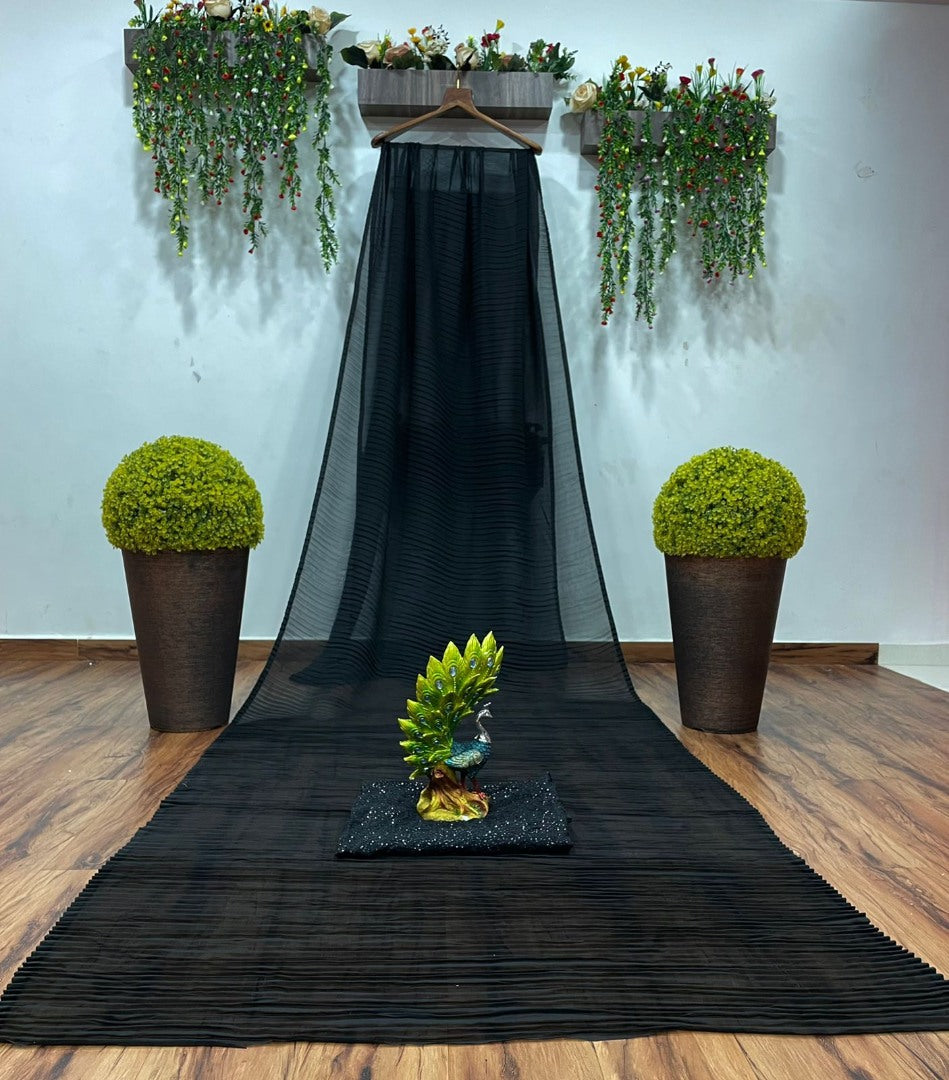 Black georgette pleated partywear saree