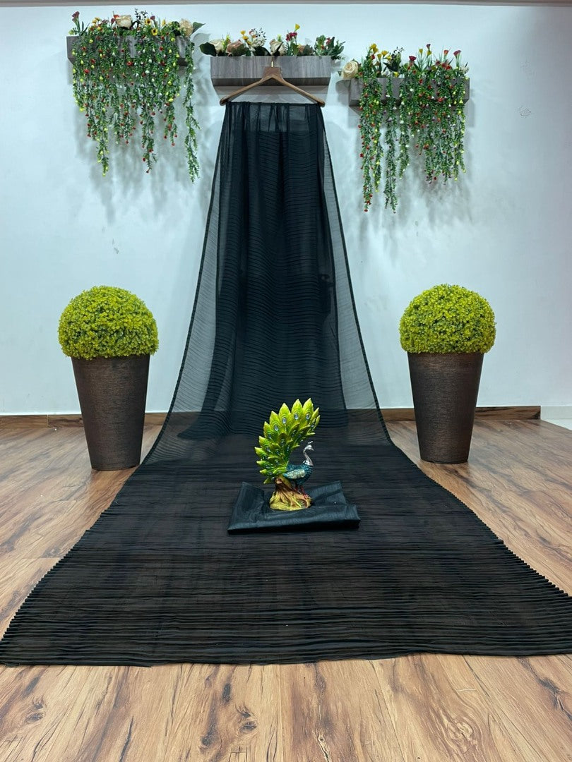 Black georgette pleated partywear saree