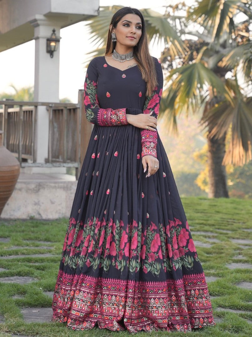 Black georgette print and embroidered anarkali gown