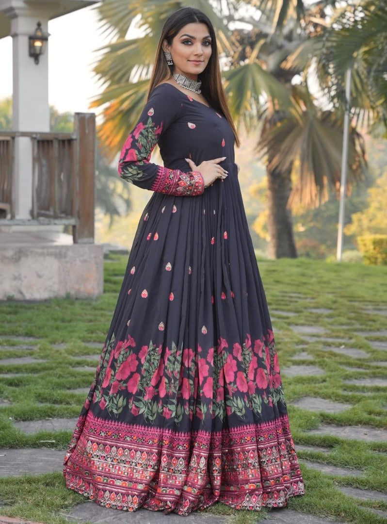 Black georgette print and embroidered anarkali gown