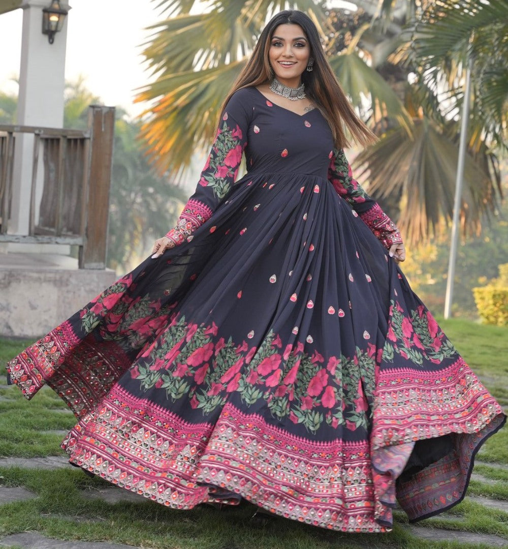 Black georgette print and embroidered anarkali gown