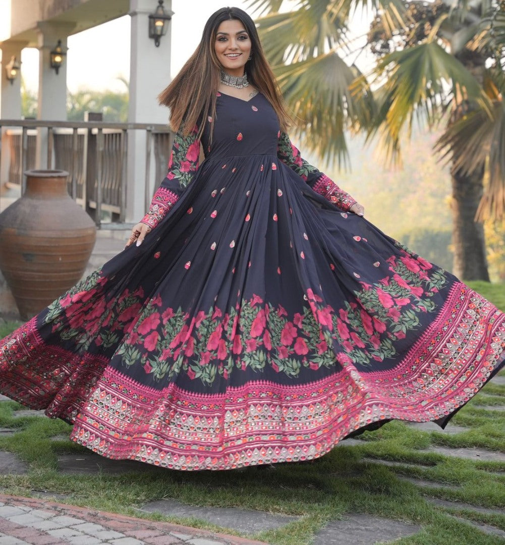 Black georgette print and embroidered anarkali gown