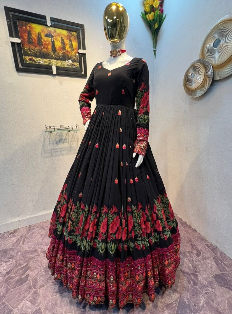 Black georgette print and embroidered anarkali gown