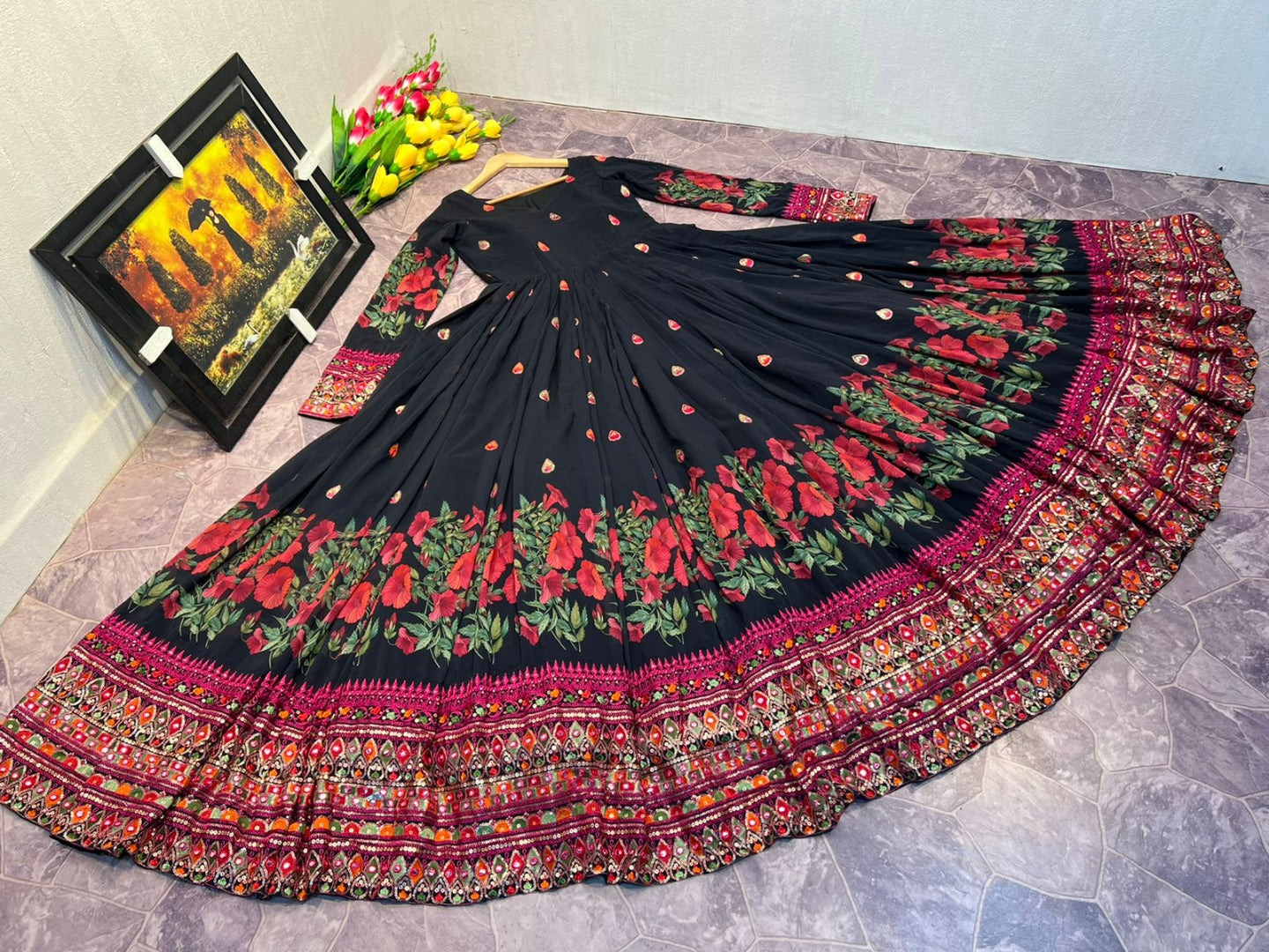Black georgette print and embroidered anarkali gown