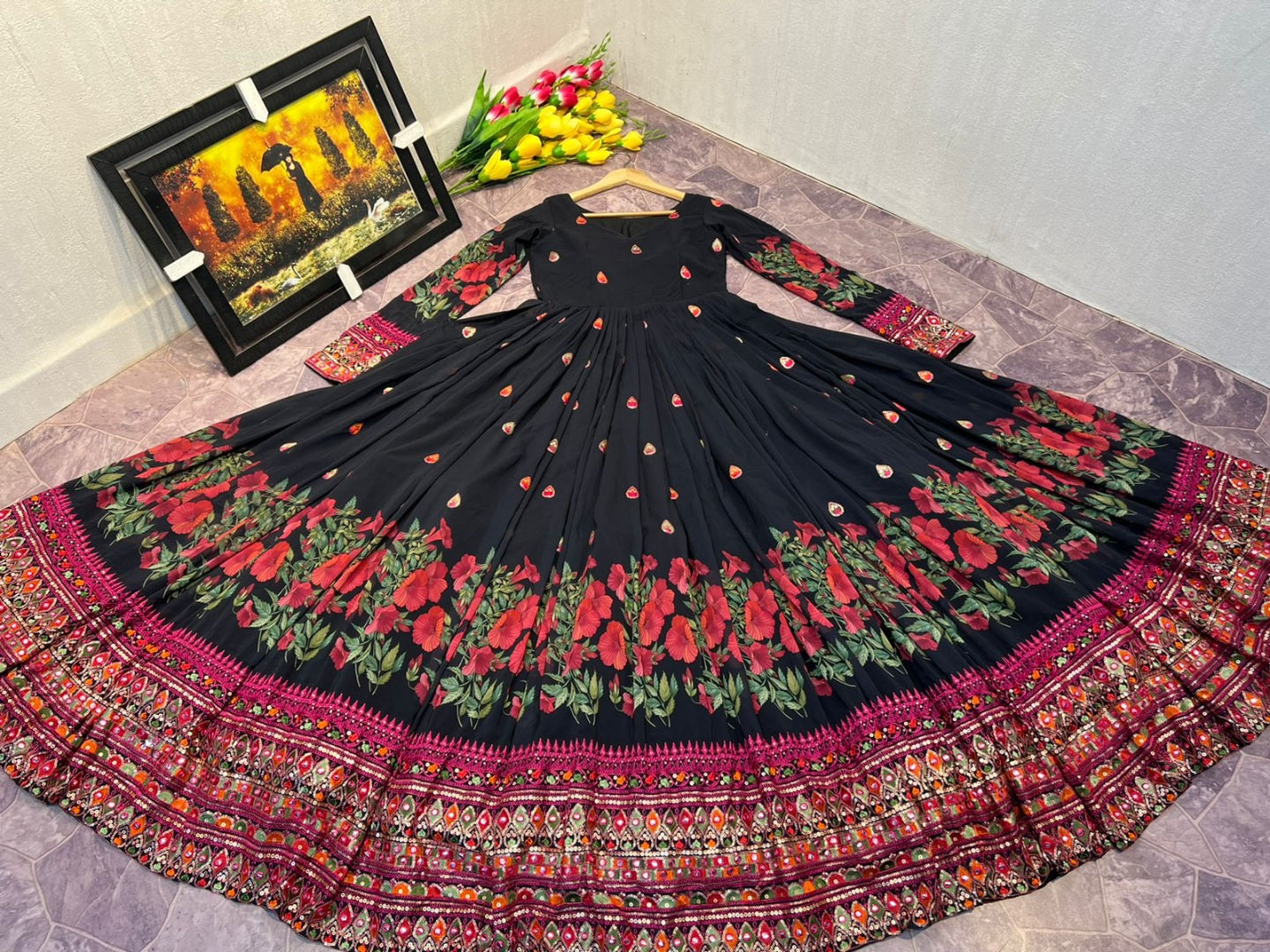 Black georgette print and embroidered anarkali gown