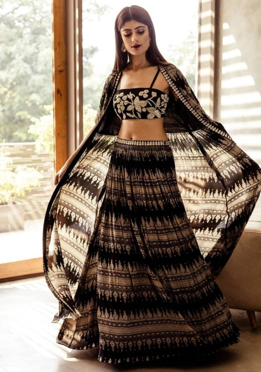 Black georgette print and embroidered indowestern lehenga with shrug