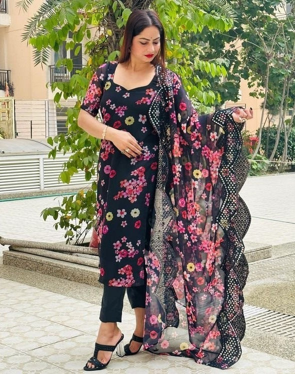 Black georgette print and sequence work pant salwar suit